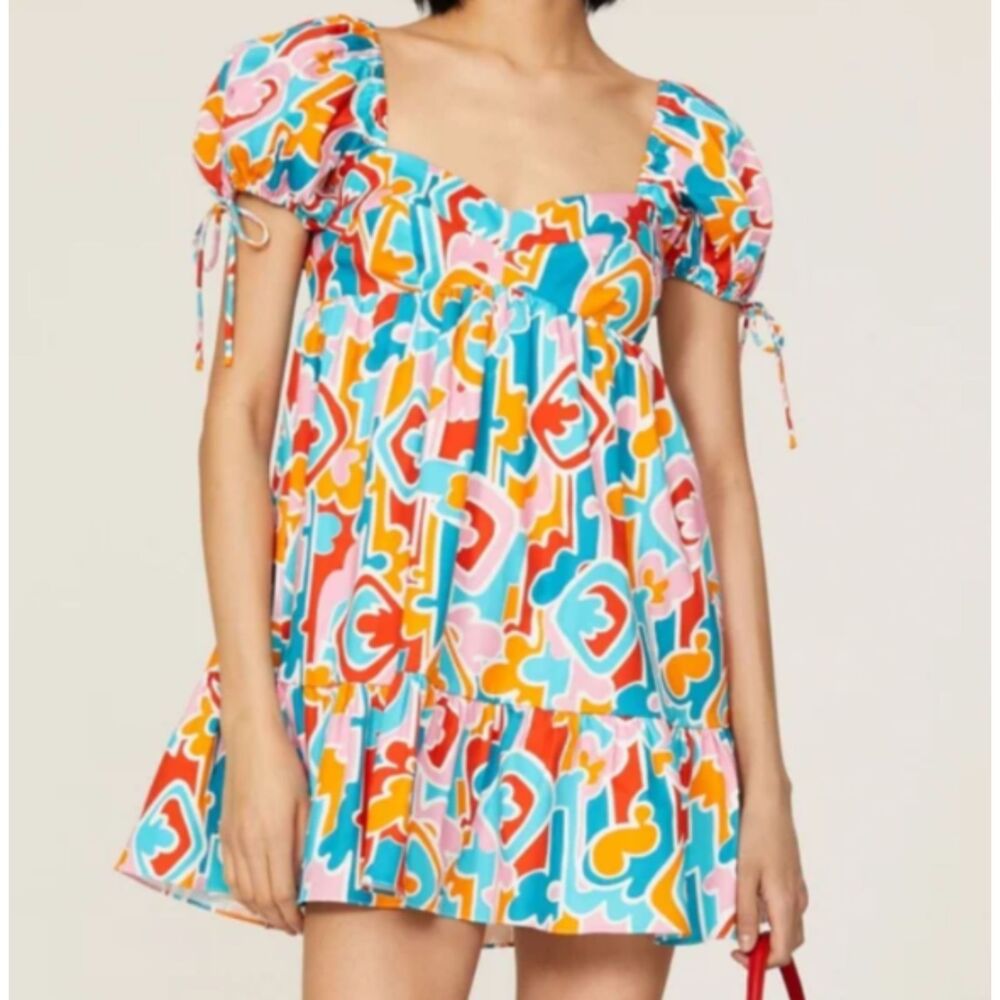 Amanda Uprichard Sicily Mini Babydoll Dress Colorful Puff Sleeve Size Large